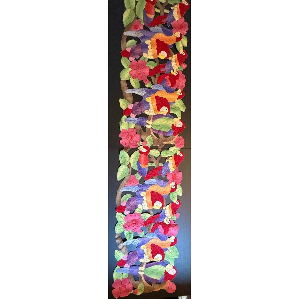 Vintage Mola Style Applique Parrot Table Runner Tropical Floral‎ Hand Stitched